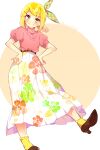  1girl :p bangs belt blonde_hair blue_eyes blush bow braid brown_belt brown_footwear closed_mouth floral_print hair_bow hair_ornament hairclip hands_on_hips kagamine_rin kawahara_chisato long_skirt looking_at_viewer medium_hair pink_shirt plaid plaid_bow pleated_skirt print_skirt shirt short_sleeves skirt smile socks solo standing swept_bangs tongue tongue_out twin_braids vocaloid white_skirt yellow_socks 