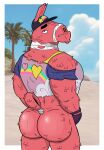 30yumei animate_inanimate anthro bandage bare_butt bodily_fluids bottomless bottomless_male butt camelid clothed clothing cosplay epic_games eyebrows flustered fortnite hi_res living_pinata llama looking_at_viewer looking_back lt._john_llama male mammal muscular muscular_anthro muscular_male partially_clothed pinata presenting presenting_hindquarters red_body solo standing sweat sweatdrop tail