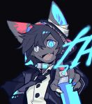 2017 5_fingers accessory ambiguous_gender anthro black_background black_claws black_hair blue_claws blue_clothing blue_eyes blue_hoodie blue_inner_ear blue_necktie blue_topwear can claws clothed clothed_ambiguous clothed_anthro clothing collar container digital_drawing_(artwork) digital_media_(artwork) felid fingers front_view furgonomic_hoodie furgonomic_topwear furgonomics grey_eyes grey_sclera hair half-length_portrait heterochromia hi_res holding_can holding_container holding_object holding_spray_can hoodie keroreud looking_at_viewer mammal medium_hair necktie open_mouth open_smile pointy_ears portrait prick_ears pupils red_claws red_tongue ringed_iris sharp_teeth shirt simple_background slit_pupils smile smiling_at_viewer solo teeth text text_on_clothing text_on_hoodie text_on_topwear tongue tongue_showing topwear white_claws white_clothing white_shirt white_topwear