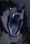  anthro artist_name black_body black_fur black_sclera blue_nose blue_tongue bust_portrait canid cheek_tuft claws facial_tuft fangs finger_claws front_view fur grey_body grey_claws grey_fur head_tuft kolaa male mammal mouth_shot no_pupils open_mouth portrait sharp_teeth simple_background solo teeth tongue tuft white_eyes 