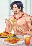 arm_tattoo black_hair bread closed_eyes eating food food_on_face fork glass highres indoors jewelry necklace open_mouth pasta plate portgas_d._ace short_hair simple_background tattoo teeth topless_male youkan_(tako) 