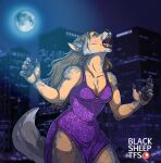 absurd_res anthro blacksheeptfs breasts canid canine clothing colored_nails dress english_text fangs female full_moon fur green_eyes grey_body grey_fur hi_res howl human inner_ear_fluff mammal mid_transformation moon mythological_canine mythological_creature mythology nails pawpads purple_clothing purple_dress sleeveless_dress tail teeth text transformation tuft werecanid werecanine werecreature werewolf