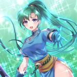  1girl bangs blue_eyes breasts earrings fire_emblem fire_emblem:_the_blazing_blade fire_emblem_engage gloves glowing green_hair jewelry kakiko210 long_hair looking_at_viewer lyn_(fire_emblem) medium_breasts open_mouth parted_bangs reaching_towards_viewer smile solo very_long_hair 