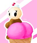 big_breasts big_butt breasts butt butt_focus cherry dairy_products digital_media_(artwork) eyelashes female food food_creature fruit hi_res huge_butt ice_cream_cone ice_cream_creature looking_back pincoosh plant side_boob signature simple_background solo whipped_cream