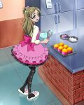  1girl bangs black_pantyhose blonde_hair cupcake dress food green_eyes half_updo highres kitchen long_hair minamino_kanade official_art open_mouth pantyhose precure precure_connection_puzzlun smile solo suite_precure third-party_source 
