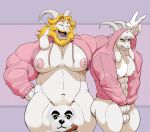  abs absurd_res animal_crossing anthro asgore_dreemurr asriel_dreemurr balls big_arms big_biceps big_nipples big_pecs blonde_hair bovid caprine censored censored_genitalia clothing collaboration covering covering_crotch disgruntled duo father father_and_child father_and_son fist_on_own_hip genitals gesture goat hair hand_on_hip hi_res hoodie horn itzcharlie k.k._slider lycandeep male mammal monster muscular muscular_male muscular_thighs nintendo nipples parent parent_and_child pecs pubes smile son thick_thighs topwear undertale undertale_(series) v_sign 