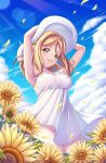  1girl armpits arms_up blonde_hair blown_petals breasts cloud commentary day dress flower grin hat highres lens_flare long_hair looking_at_viewer love_live! love_live!_sunshine!! medium_breasts ohara_mari outdoors short_dress single_bang smile solo sun_hat sundress sunflower sunlight tareme tsukimi_seiya white_dress white_headwear wind yellow_eyes 