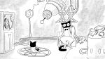 16:9 ambiguous_gender anthro bow_tie chair clothing coat computer domestic_cat dragonweirdo electronics eyewear felid feline felis furniture glasses group gytras_(dragonweirdo) hi_res lab_coat laser_gun magic magic_circle mammal monochrome mouse murid murine plushie ranged_weapon rodent sitting tesla_coil topwear weapon widescreen wire