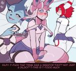  absurd_res anthro biped blue_body blush bodily_fluids bottomwear clenched_teeth clothing cum dialogue eeveelution erection generation_1_pokemon generation_2_pokemon generation_6_pokemon genital_fluids genitals group hi_res male nintendo oro97 penis pink_body pokemon pokemon_(species) sex_toy skirt sylveon teeth text trio umbreon vaporeon white_body 