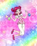  1girl bangs earrings food-themed_earrings frilled_sleeves frills full_body highres jewelry long_hair official_art open_mouth pants pink_footwear pink_hair precure precure_connection_puzzlun purple_eyes smile solo strawberry_earrings third-party_source two_side_up white_pants yes!_precure_5 yumehara_nozomi 