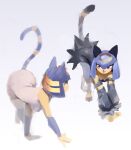 acting_like_a_cat all_fours animal_crossing ankha_(animal_crossing) anthro armwear ass_up blue_hair breasts clothed clothing crawling crossover detached_sleeves digital_media_(artwork) digital_painting_(artwork) domestic_cat dress duo eye_contact felid feline felis female hair hi_res kneeling knock-kneed looking_at_another mammal markings nintendo painting_(artwork) pal_(species) palworld pocketpair raised_tail red_eyes sairy sekhmet_(pal) simple_background striped_markings striped_tail stripes tail tail_markings white_background