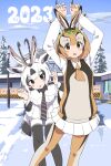  2023 2girls :o absurdres animal_earmuffs animal_ears arabian_oryx_(kemono_friends) arms_up bangs bent_over black_hair blush_stickers brown_eyes brown_hair bunny_pose collared_shirt colored_inner_hair day earmuffs fake_animal_ears feet_out_of_frame gazelle_ears grey_hair hands_up highres horns iwa_(iwafish) kemono_friends light_brown_hair long_sleeves looking_at_viewer medium_hair miniskirt multicolored_hair multiple_girls necktie open_mouth outdoors pantyhose parted_lips pleated_skirt rabbit_ears shirt skirt smile snow standing sweater_vest thomson&#039;s_gazelle_(kemono_friends) white_hair white_shirt white_skirt wing_collar 