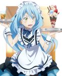  1other alternate_costume ambiguous_gender apron black_skirt blue_bow blue_bowtie blue_hair blush bow bowtie colored_eyelashes dress_shirt enmaided floating_hair highres holding holding_plate kounagi39 long_hair maid maid_headdress open_mouth plate rimuru_tempest shirt signature skirt sweatdrop tensei_shitara_slime_datta_ken very_long_hair watermark wavy_mouth white_apron white_shirt wrist_cuffs yellow_eyes 