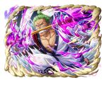  1boy glowing glowing_eye green_hair holding holding_sword holding_weapon japanese_clothes katana official_art one_piece one_piece_treasure_cruise purple_eyes roronoa_zoro scar scar_across_eye scar_on_chest short_hair sword teeth weapon weapon_in_mouth 