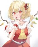  1girl arm_at_side bangs bat_wings blonde_hair collar crystal drill_hair eyelashes fingernails flandre_scarlet hair_between_eyes hair_ribbon hand_up head_tilt highres licking licking_finger looking_at_viewer multicolored_wings neckerchief open_hand paragasu_(parags112) puffy_short_sleeves puffy_sleeves rainbow_order red_eyes red_ribbon red_shirt red_skirt ribbon sauce shirt short_hair short_sleeves side_drill side_ponytail simple_background skirt slit_pupils solo tongue tongue_out touhou v-shaped_eyebrows white_background white_collar white_shirt wings yellow_neckerchief 