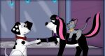 101_dalmatian_street 101_dalmatians babclayman black_body black_fur black_nose black_spots blue_sclera canid canine canis clayton_(babart101dal) collar dalmatian deidra_(cartooncross) disney domestic_cat domestic_dog elvira_(cartooncross) fan_character felid feline felis female feral fluffy_ears fur grey_body grey_fur group male mammal markings mixed_breed pink_body pink_fur red_collar spots spotted_body spotted_fur trio white_body white_fur white_spots