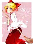  1girl bamboo_broom bangs blonde_hair blue_eyes blush border bow broom character_name closed_mouth floating_hair from_side hair_bow hair_ornament hakama holding holding_broom japanese_clothes kagamine_rin kawahara_chisato kimono long_sleeves looking_at_viewer outside_border red_bow red_hakama ribbon-trimmed_sleeves ribbon_trim short_hair sidelocks solo swept_bangs twitter_username vocaloid white_border white_kimono white_sleeves wide_sleeves 