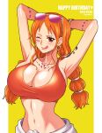  1girl border bra breasts brown_eyes cleavage earrings english_text eyewear_on_head hand_on_own_head highres jewelry looking_at_viewer midriff nami_(one_piece) one_eye_closed one_piece orange_bra orange_hair shoulder_tattoo simple_background sunglasses tattoo tongue tongue_out underwear white_border youkan_(tako) 