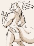  anthro black_sclera blaidd_(elden_ring) bodily_fluids butt canid canine canis diaper elden_ring fromsoftware hi_res male mammal muscular muscular_male solo surprise sweat sweatdrop tenshokaiser text wolf 