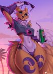 2026 anthro armwear bandai_namco black_eyeshadow black_lipstick black_sclera blue_eyes breasts bridal_gauntlets can canid canine clothing container crop_top digimon digimon_(species) doomthewolf double_tomoe ear_piercing ear_ring eyeshadow eyewear female fluffy fluffy_tail fur gta_vi_cover_girl hi_res holding_can holding_container holding_object hoop_ear_ring lipstick makeup mammal multicolored_body multicolored_fur neck_tuft piercing purple_armwear purple_bridal_gauntlets purple_clothing purple_thong purple_underwear renamon ring_piercing shirt solo standing sunglasses tail thick_thighs thong tomoe_(symbol) topwear tuft two_tone_body two_tone_fur underwear white_body white_fur wide_hips yellow_body yellow_fur