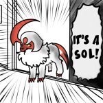 1:1 1_horn 3_claws abby_(ballad) absol absurd_res ambiguous_gender claws doorway english_text feral generation_3_pokemon generation_7_pokemon green_eyes hair heterochromia hi_res horn hybrid it's_a_yeen male_(lore) meme mjinoct1 nintendo pokemon pokemon_(species) red_horn salazzle simple_background solo text white_background white_body white_hair yellow_eyes