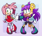 2026 5_fingers amy_rose anthro archie_comics belt bottomwear clothing digital_media_(artwork) duo ear_piercing eulipotyphlan female fingers front_view gloves green_eyes hair handwear hedgehog herpestid hi_res mammal mina_mongoose mongoose on_one_leg open_mouth piercing purple_hair red_clothing sega shorts simple_background smile sonic_the_hedgehog_(archie) sonic_the_hedgehog_(comics) sonic_the_hedgehog_(series) standing tail vaporotem white_clothing white_gloves white_handwear yellow_body