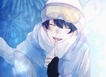  1boy 91_1tada black_gloves blue_hair blue_jacket closed_eyes facing_viewer finger_to_mouth fingerless_gloves gloves irei_yasuhito jacket long_sleeves male_focus open_mouth scarf short_hair shushing smile solo wind_boys! winter_hat 