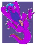2023 3_toes animal_genitalia ankle_restraint anthro anus artist_name black_sclera blue_background blue_body blue_hair blue_scales border claws dark_sclera dragon dranozaq erection feet genital_slit genitals hair hands_behind_head hi_res leg_restraints leg_spreader looking_at_genitalia looking_at_penis male mohawk mythological_creature mythological_scalie mythology nude_anthro nude_male one_eye_closed penis purple_body purple_scales red_eyes red_scutes restraints ridged_penis scales scalie scuted_tail scutes simple_background solo spreader_bar tail text toe_claws toes valbits white_border