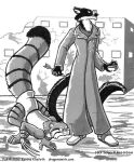 2002 abandoned_building anthro arrow_(weapon) black_body black_fur cheek_tuft claws clothing coat countershade_neck countershading duo eyewear facial_tuft felid feline fur glasses gulonine holding_arrow jack_salem karena_kliefoth long_tail male mammal marten monochrome mustelid musteline outside pallas's_cat pince-nez puf ranged_weapon ruins sable_(marten) searching signature standing tail topwear tracking trenchcoat tuft weapon