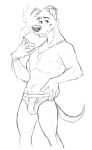 abs anthro armband briefs bulge canid canine canis cigarette cigarette_smoke clothed clothing curled_tail dog_tags domestic_dog floppy_ears folded_ears hand_on_hip head_tuft hi_res holding_cigarette holding_object lean_body line_art looking_at_viewer male mammal monochrome muscular muscular_anthro muscular_arms muscular_male nipples schnauzer smile smiling_at_viewer smoke solo tail thin_tail tuft underwear underwear_only zurdomon