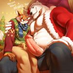 1:1 2024 abs anthro bear beard blue_eyes blush brown_body brown_fur canid canine christmas christmas_clothing christmas_headwear christmas_tree clothed clothing costume countershade_face countershading dipstick_tail duo english_text erection facial_hair foreskin fox fur genitals green_eyes hat headgear headwear hi_res holidays humanoid_genitalia humanoid_penis ibero larger_anthro larger_male male male/male male_anthro mammal markings mature_anthro mature_male muscular muscular_anthro muscular_male mustache orange_body orange_fur partially_clothed partially_clothed_anthro partially_clothed_male pecs penis pink_penis plant polar_bear santa_costume santa_hat scarf sitting size_difference smaller_anthro smaller_male tail tail_markings tan_body tan_fur tenting text tree ursine vein veiny_penis white_body white_fur