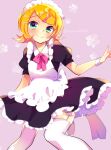  1girl apron bangs black_shirt black_skirt blonde_hair blush bow closed_mouth flower frilled_skirt frills garter_straps green_eyes hair_bow kagamine_rin kawahara_chisato looking_at_viewer maid maid_headdress pink_bow purple_background shirt short_hair short_sleeves skirt smile solo standing swept_bangs thighhighs twitter_username vocaloid white_apron white_thighhighs wrist_cuffs 