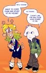 2025 anthro antlers backpack blonde_hair book bottomwear bovid brown_antlers brown_body brown_bottomwear brown_clothing brown_fur brown_pants buckteeth caprine clothing deer deltarune dialogue duo electronics emotionless eyewear female footwear freckles fur glasses goat green_backpack hair head_tuft headphones headphones_around_neck hi_res holding_book holding_object horn kardboardian lightner long_hair looking_at_another male mammal markings multicolored_clothing multicolored_footwear multicolored_shoes multicolored_sweater multicolored_topwear new_world_deer no_eyebrows noelle_holiday orange_background pants red_nose scut_tail shoes short_tail simple_background skirt smile star_(marking) sweater tail talking_to_another teeth togore_dreemurr topwear tuft undertale_(series) wearing_glasses white_body white_fur