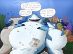 2025 4:3 anchor_(finding_nemo) anthozoan aquatic bag belly big_belly blue_background blue_body blue_fin bruce_(finding_nemo) chum_(finding_nemo) cnidarian coral coral_reef dialogue disney english_text feral finding_nemo fish gandere goldfish_crackers great_white_shark grey_body ground_shark group hammerhead_shark hand_on_belly huge_belly mackerel_shark mako_shark male overweight overweight_male pixar shark shark_teeth simple_background speech_bubble stuffing talking_feral text trio white_belly white_shark worried