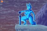  anthro big_breasts big_butt blue_body blue_nipples breasts butt canid canine curvy_figure female fox foxette genitals hi_res huge_breasts humanoid mammal melee_weapon nipples pussy solo sword voluptuous weapon 