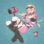  1girl asami_(space_neko) belt black_footwear blonde_hair blue_background blue_eyes blush boots character_name copyright_name danganronpa_(series) danganronpa_v3:_killing_harmony explosive fingerless_gloves gloves goggles goggles_on_head grenade highres holding holding_wrench iruma_miu long_hair mallet middle_finger open_mouth school_uniform solo spiked_boots studded_gloves tongue tongue_out weapon wrench 