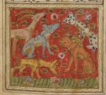 1307 14th_century ambiguous_gender ancient_art antelope bovid brown_body brown_fur canid canine canis dimna_(kalila_wa_dimna) english_description felid feral flower fur gazelle grass grey_body grey_fur group hi_res horn illuminated_manuscript jackal kalila_wa_dimna lion male mammal markings nasr_allah_munshi outside pantherine paws plant sitting snout spots spotted_body spotted_fur standing tail the_lion_king_(kalila_wa_dimna) traditional_media_(artwork) wolf