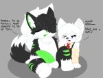 4:3 albino_arctic_wolf animal_genitalia animal_penis anthro arctic_wolf big_penis black_body bodily_fluids canid canine canis clothing colored_genitals domestic_cat duo english_text felid feline feline_genitalia feline_penis felis femboy genital_fluids genitals hi_res huge_penis kyopikoto kyopikoto_(kyopikoto) leaking_precum male male/male mammal penis precum text white_body wolf zeon_(magicatto)