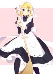  1girl apron bangs black_pantyhose black_shirt black_skirt blonde_hair blue_eyes blush bow broom closed_mouth dress_shirt frilled_skirt frilled_sleeves frills hair_bow hair_ornament highres holding holding_broom kagamine_rin kawahara_chisato long_skirt long_sleeves looking_at_viewer maid maid_headdress pantyhose shirt short_hair skirt solo standing swept_bangs vocaloid white_apron white_bow 