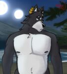  adastra adastra_(series) amicus_(adastra) anthro blue_eyes blush blush_lines chubby_anthro chubby_male crown echo_project grey_body hi_res himbo light male male/male moonlight muscular muscular_male nadizguy nipples slightly_chubby solo solo_focus 