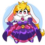 1:1 2026 anthro blonde_hair braided_hair breasts broodal buckteeth cape cleavage clothed clothing crown dress female footwear fur gem geometric_background gloves hair handwear hariet_(mario) headgear hi_res high_heels lagomorph leporid long_hair mammal mario_bros nico_neko nintendo open_mouth ponytail purple_cape purple_clothing purple_dress purple_footwear purple_gloves purple_handwear purple_high_heels rabbit red_eyes shoes silk_cape silk_dress simple_background solo spiked_hair_tie super_mario_odyssey teeth white_background white_body white_fur