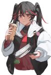  1girl black_hair black_shirt closed_mouth cup drinking_straw earrings fanny_pack guodong holding holding_cup jacket jewelry long_hair lucia_(punishing:_gray_raven) multicolored_hair pepe_the_frog punishing:_gray_raven red_eyes red_hair red_sweater shirt sweater twintails white_background 