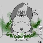 1:1 2021 alternate_version_at_source anthro bathroom belly belly_overhang big_belly big_breasts big_tail bloated bottomless bottomless_female breasts breath clothed clothing digital_drawing_(artwork) digital_media_(artwork) ears_down eyes_closed fangs fart fart_cloud fart_fetish feet female fluffy fluffy_tail fur gloves_(marking) green_fart_cloud grey_background greyscale hair hand_on_belly hand_on_own_belly happy heart_(marking) hi_res huge_belly implied_scat inside jessica_(coaster14) leg_markings mammal markings mephitid monochrome navel nipple_outline obese obese_anthro obese_female olslappo onomatopoeia open_mouth open_smile overweight overweight_anthro overweight_female pivoted_ears pooping relieved rumbling_stomach shirt shirt_only signature simple_background sitting sitting_on_toilet skunk smile socks_(marking) solo sound_effects spot_color spread_legs spreading tail talking_to_self teeth text thick_thighs toilet toilet_paper toilet_use tongue tongue_out topwear topwear_only wide_hips