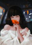  1girl absurdres arm_up bangs bare_shoulders black_hair brown_eyes car_interior city_lights coat covering_mouth eyelashes flower fur_coat highres holding holding_flower lem looking_at_viewer medium_hair orange_flower original solo_focus upper_body white_coat 