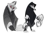  2023 anthro biped black_cloak black_sclera bottomwear canid canine canis cloak clothing death_(puss_in_boots) digital_media_(artwork) fangs fur grey_body grey_fur grin hi_res holding_object holding_weapon krossan_(artist) male mammal pants puss_in_boots_the_last_wish red_eyes sickle simple_background smile solo spinning_weapon teeth weapon white_background white_body white_fur wolf 