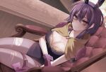  1girl ace_of_hearts adapted_costume animal_ears bangs bernadetta_von_varley breasts card chair cleavage commentary dutch_angle eine_(eine_dx) english_commentary eyeshadow fake_animal_ears fire_emblem fire_emblem:_three_houses gloves hair_between_eyes heart highres holding holding_card large_breasts leotard looking_at_viewer makeup pantyhose purple_eyes purple_gloves purple_hair purple_leotard rabbit_ears short_hair sitting smile solo strapless strapless_leotard thighs torn_clothes torn_pantyhose wrist_cuffs 
