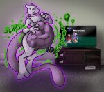 2026 abdominal_bulge anthro archangellllll belly big_belly biped bodily_fluids body_outline canid canine controller electronics floating fox fox_mccloud game_console game_controller gamecube gamecube_controller generation_1_pokemon grey_body hand_on_belly hi_res inside legendary_pokemon levitation licking licking_lips male mammal mewtwo motion_lines nintendo nintendo_controller pokemon pokemon_(species) purple_body rumbling_stomach saliva soft_vore solo star_fox super_smash_bros. tail telekinesis television tongue tongue_out vore wii wii_console