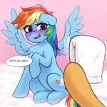 1:1 absurd_res applejack_(mlp) bed_sheet bedding bloodymrr blue_body blush diaper disgust duo ears_down embarrassed equid equine female female/female feral friendship_is_magic full-length_portrait gradient_background hair hasbro hi_res holding_diaper looking_at_another mammal multicolored_hair multicolored_tail my_little_pony mythological_creature mythological_equine mythology orange_body pegasus pink_eyes pivoted_ears portrait rainbow_dash_(mlp) rainbow_hair rainbow_tail simple_background sitting solo_focus speech_bubble tail teasing touching_diaper wings