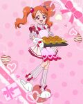  1girl apron bangs cupcake food food-themed_hair_ornament full_body hair_ornament highres kirakira_precure_a_la_mode long_hair mittens official_art open_mouth orange_hair precure precure_connection_puzzlun red_eyes smile solo strawberry_hair_ornament third-party_source twintails usami_ichika 