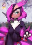 absurd_res anthro bellanoir_(pal) bellanoir_libero blue_eyes blush blush_lines bodily_fluids breasts chest_tuft female hair handjob hi_res humanoid lizzard_sama mouthless one_eye_closed pal_(species) palmorph palworld penile pink_hair pocketpair purple_body sex solo sweat tuft